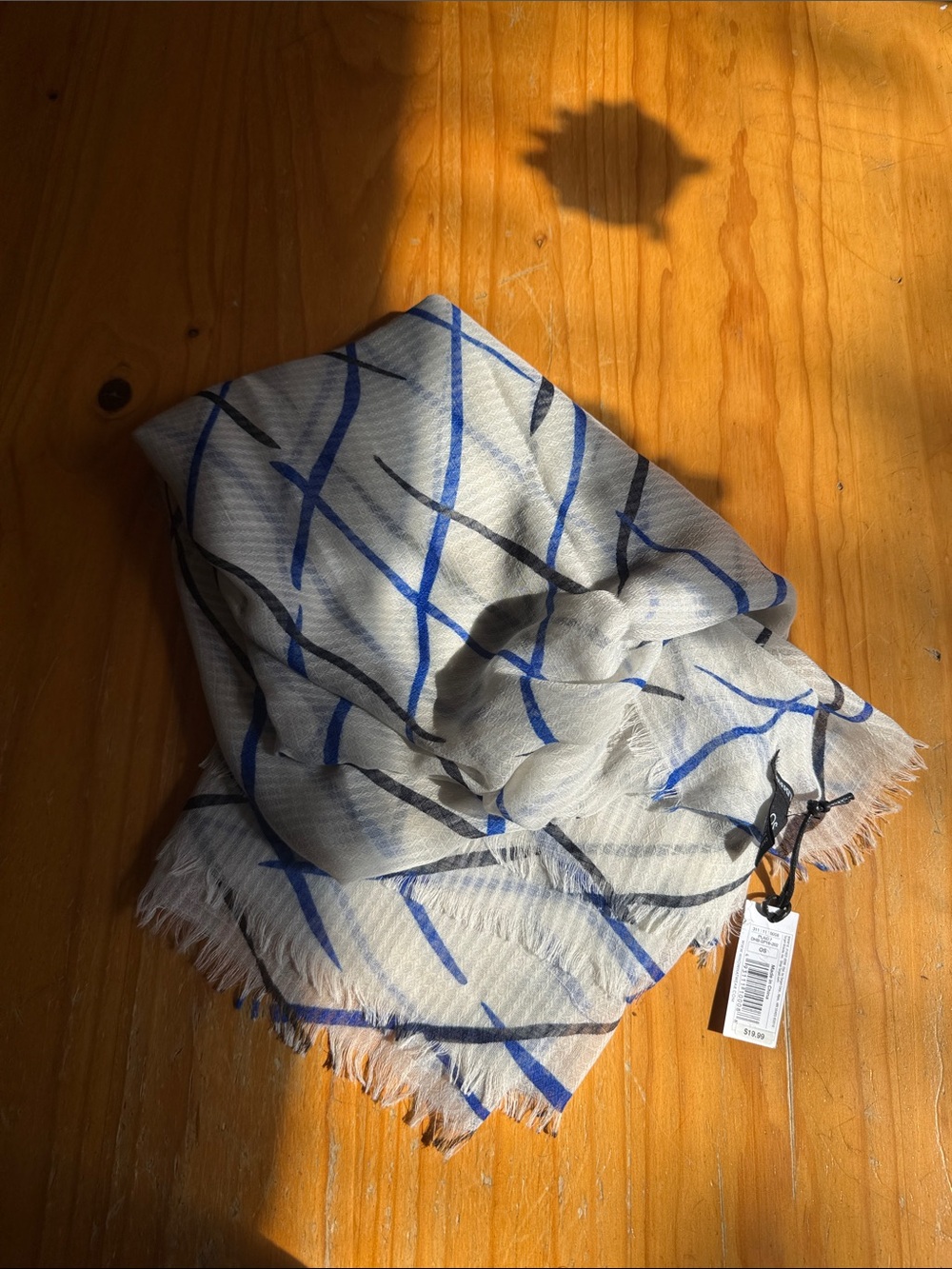 Who What Wear Light Gray Scarf with Blue and Black Brushstroke Pattern